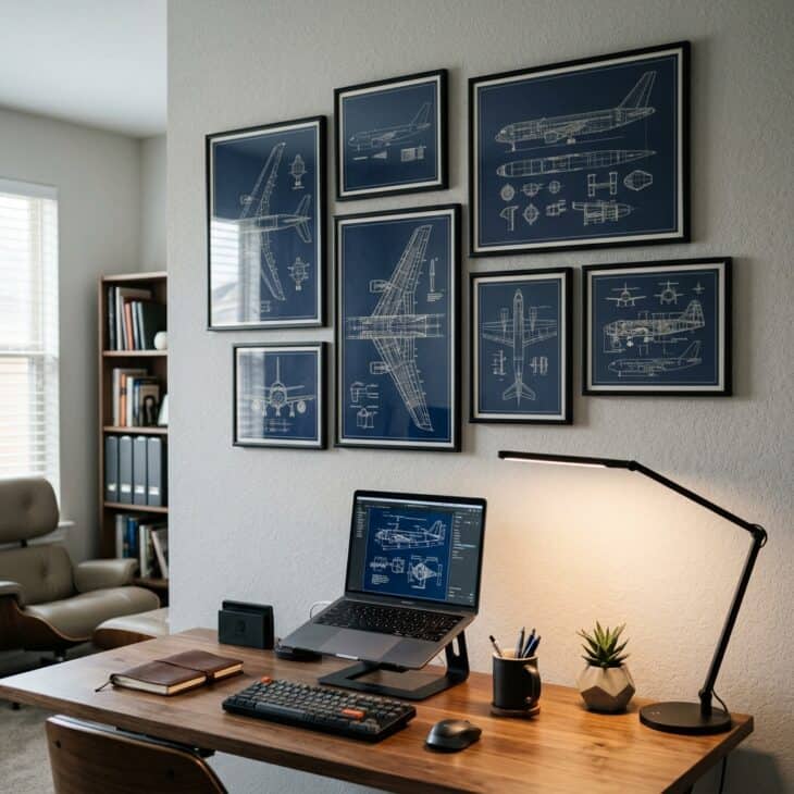 A cluster of navy blueprint drawings gives a home office wall a precise, technical focal point.