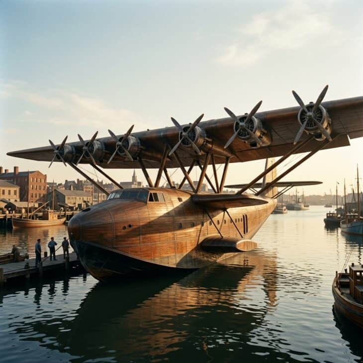 Massive wooden flying boat with an enormous wingspan on calm harbor water