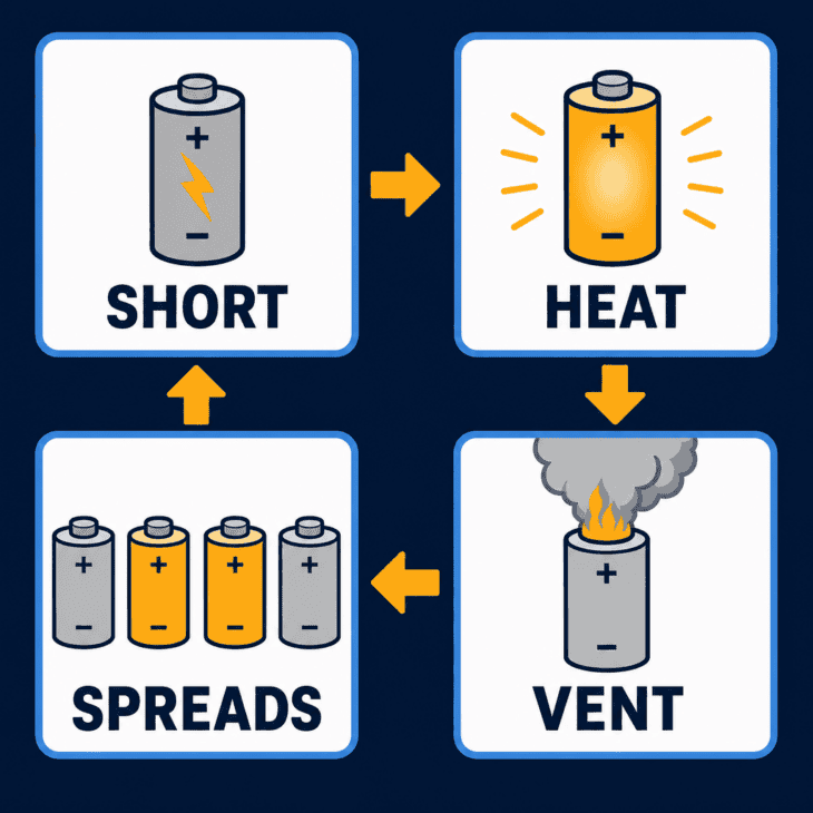 A lithium cell failure escalates on its own, then spreads to the cells beside it.
