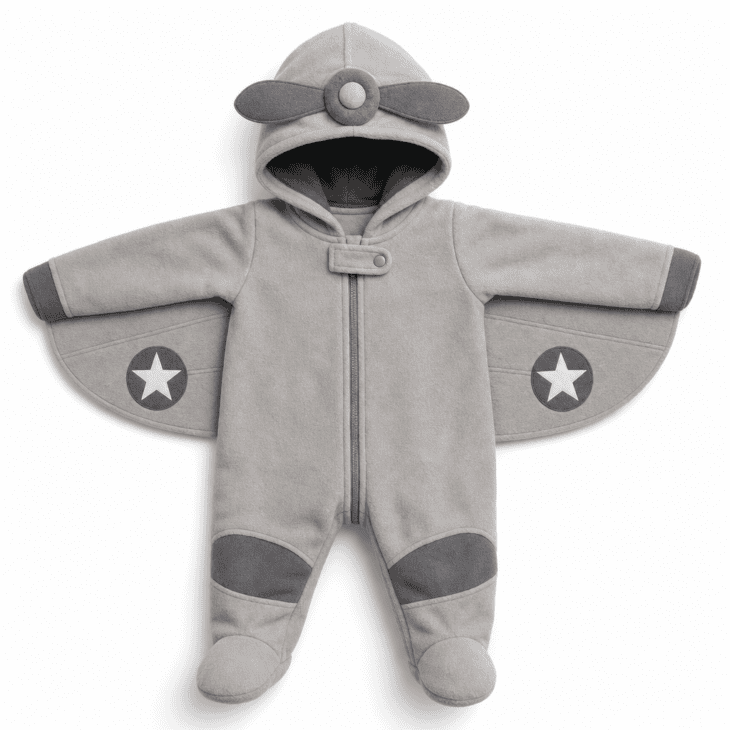 A soft fleece footed onesie shaped like a small propeller plane.