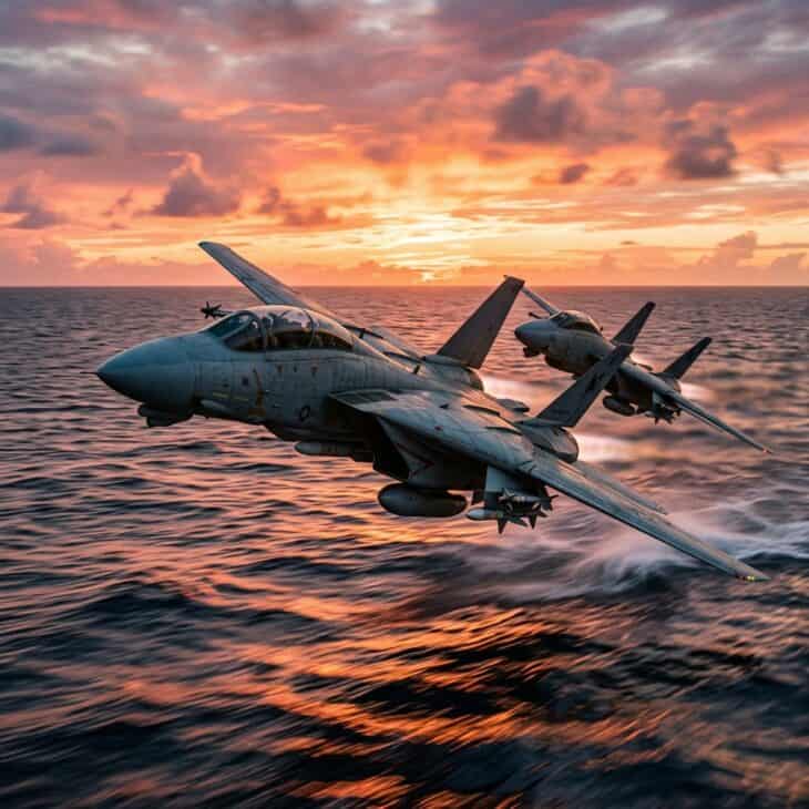 Navy fighter jet flying low over the ocean at sunset in tight formation