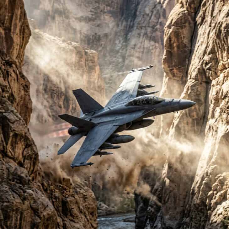 Modern carrier fighter jet flying at low altitude through a rugged canyon