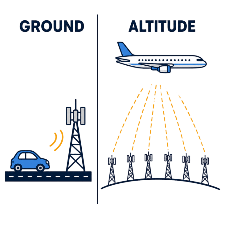 On the ground a phone talks to one tower at a time. At altitude it can reach dozens simultaneously.