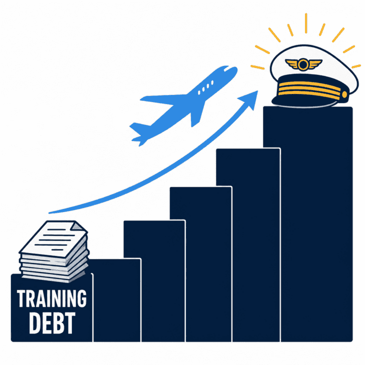 The pilot pay curve starts in debt and climbs on seniority.