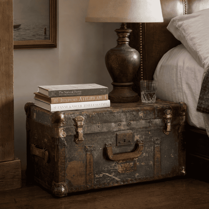 A weathered travel trunk does double duty as a bedside nightstand.