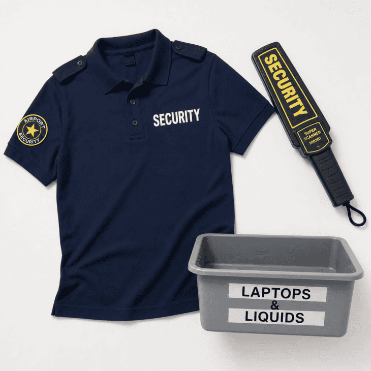 A uniform polo, a wand prop, and a labeled bin for a playful security-line costume.