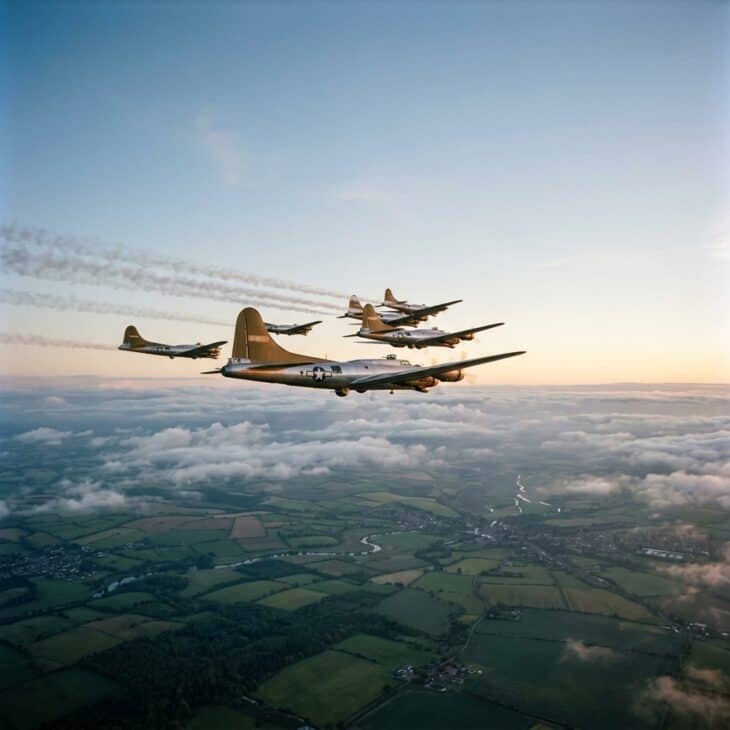 Formation of WWII heavy bombers flying over the English countryside at dawn