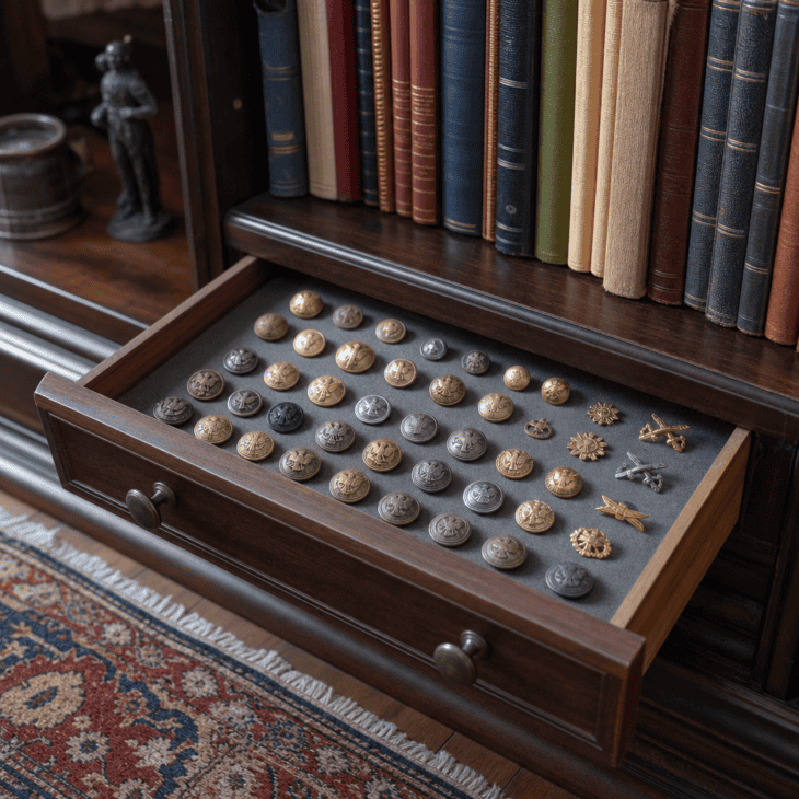 A shallow felt-lined drawer keeps small buttons and insignia sorted and safe.