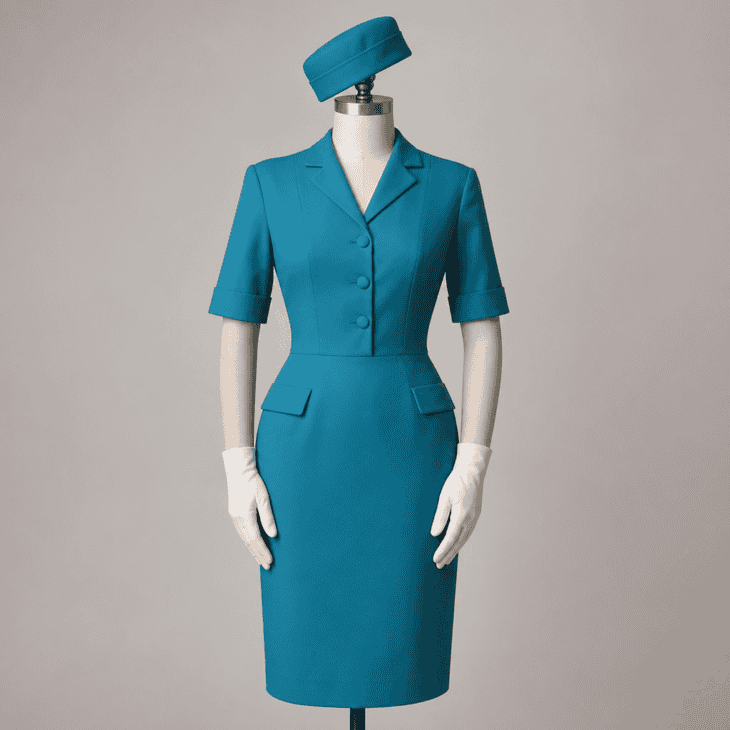 A fitted teal 1960s stewardess dress with a matching pillbox hat and white gloves.