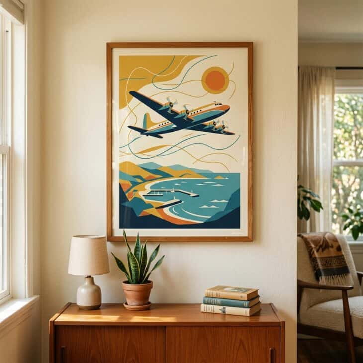A mid-century route poster brings golden-age travel nostalgia into any room.