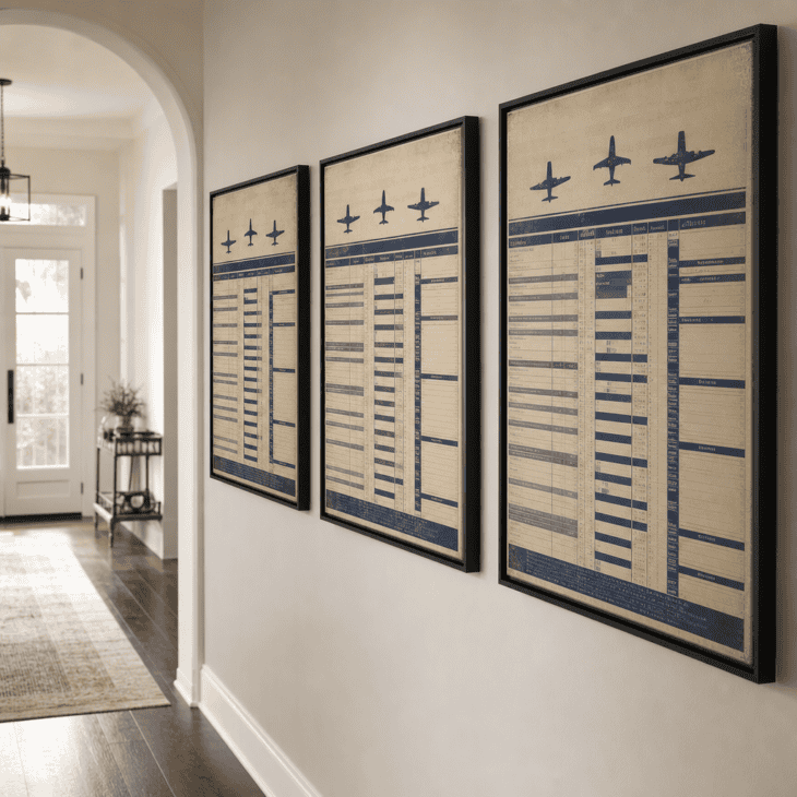 A trio of timetable-style prints lines the hallway wall in matching frames.