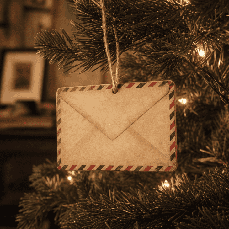 A striped-border airmail envelope ornament carries a worn, nostalgic paper texture.