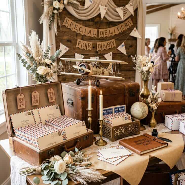 Airmail envelopes and old suitcases bring golden-age warmth to the shower.