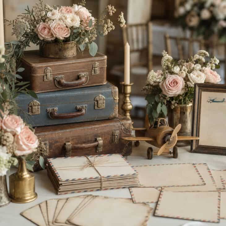 Airmail stationery and vintage luggage bring golden-age warmth to the celebration.