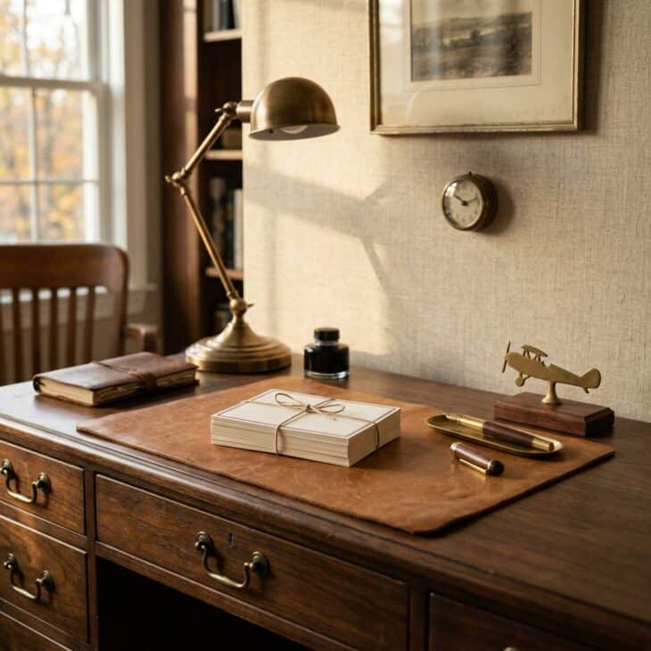 Leather, brass, and airmail colors create a desk that feels collected rather than themed.