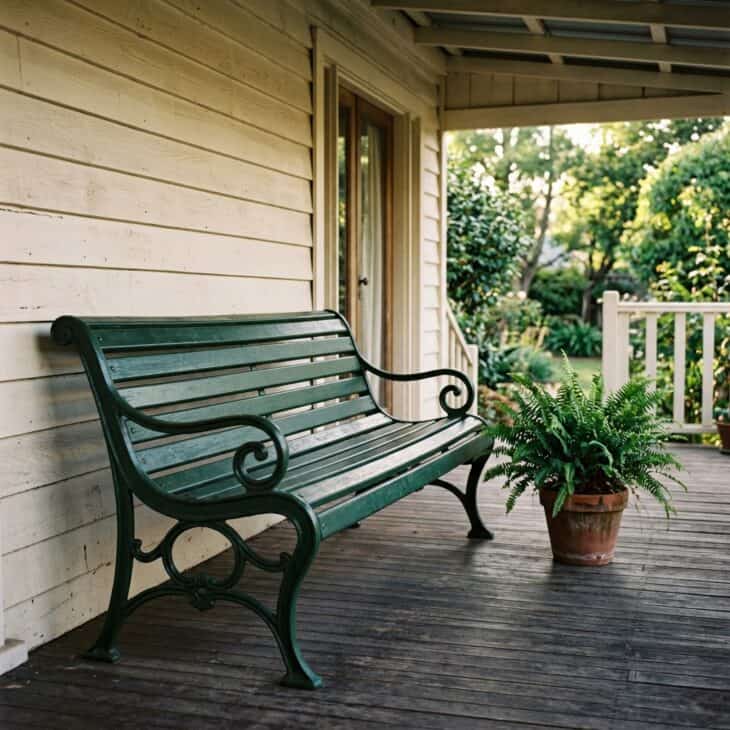 A restored terminal-style bench in forest green anchors the covered porch.