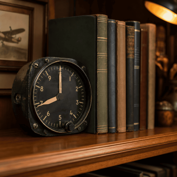A retired altimeter gauge doubles as a heavy, working bookend.