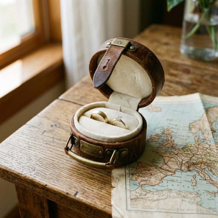 A leather aviator-style box holds the rings before the ceremony.
