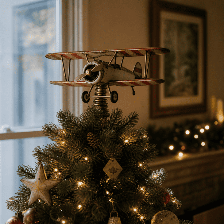 A painted metal biplane stands in for the star at the top of the tree.