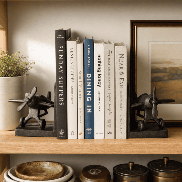 Propeller-plane bookends flank the cookbook collection on the open shelf.