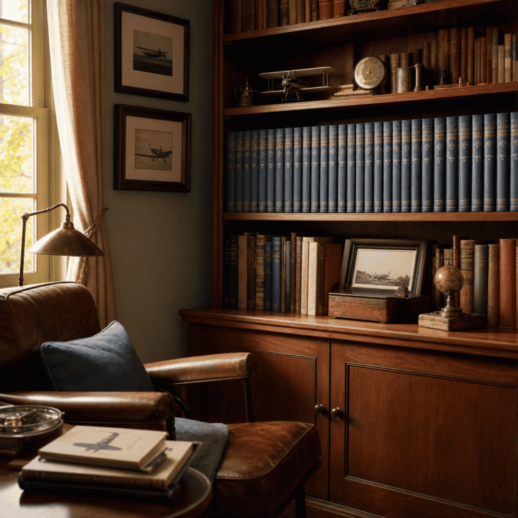 A matched encyclopedia set anchors a full shelf with uniform, collectible bindings.