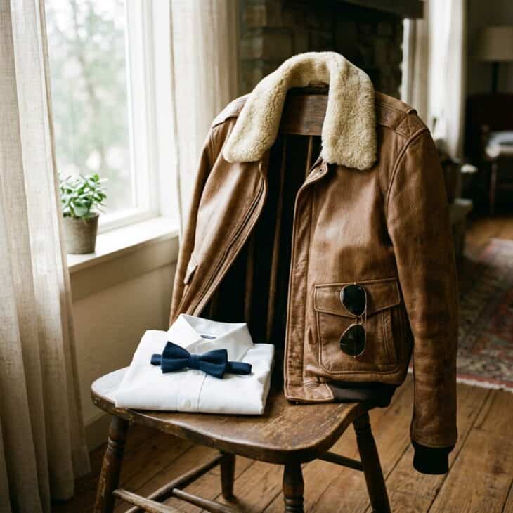 A shearling-collar flight jacket waits with the groom's getting-ready details.