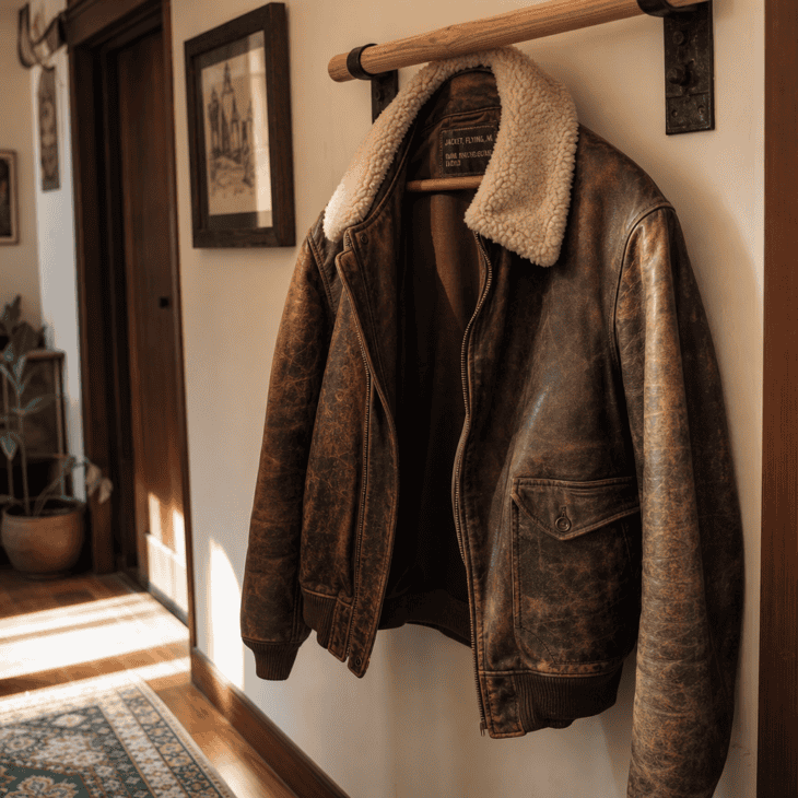 A well-worn flight jacket hangs open on a simple dowel display.