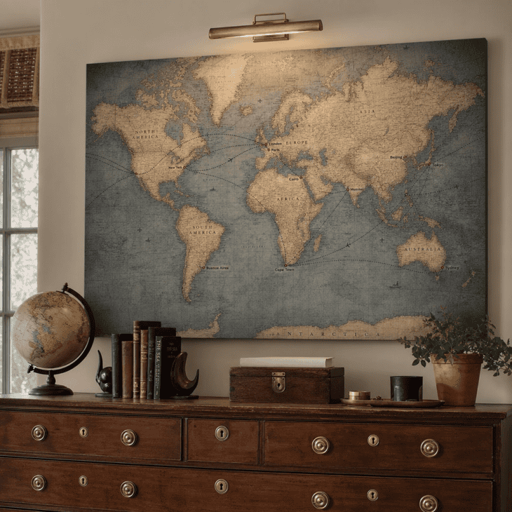 A vintage-style route map hangs above the dresser under a warm picture light.