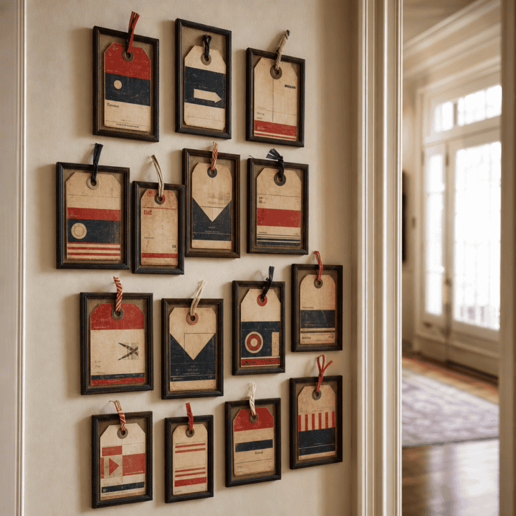 A cluster of framed vintage luggage tags forms a small hallway gallery.