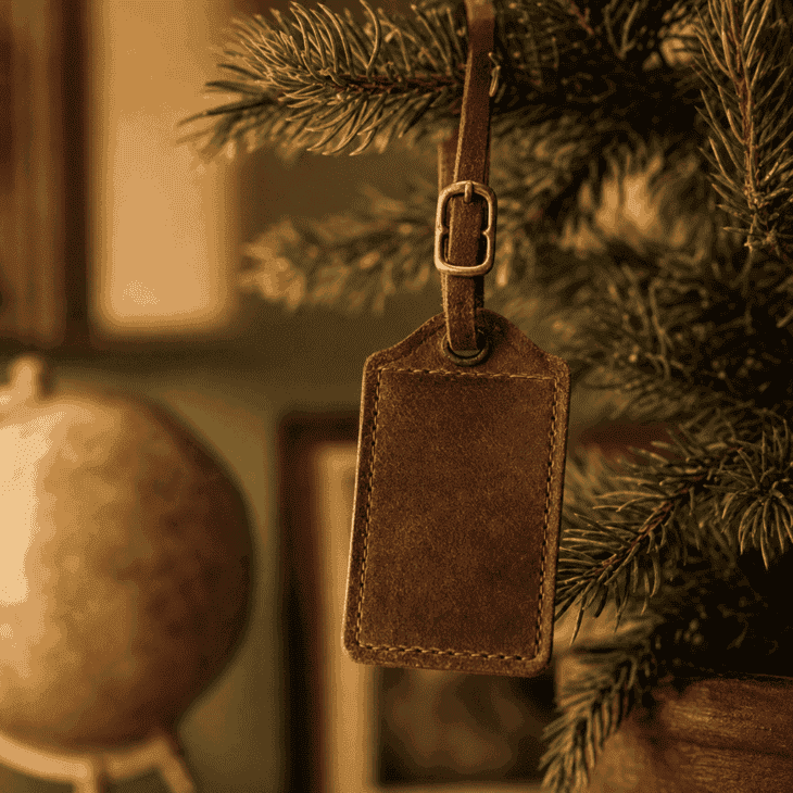 A worn leather luggage tag ornament leaves room for a destination name.