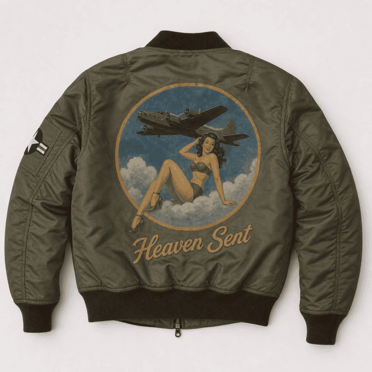 A vintage bomber jacket with a hand-painted nose art style patch.