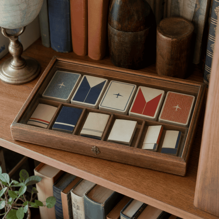 A small glass tray keeps loose vintage playing cards and matchbooks together.