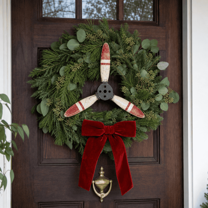 A small wooden propeller sits at the center of a pine and eucalyptus front-door wreath.