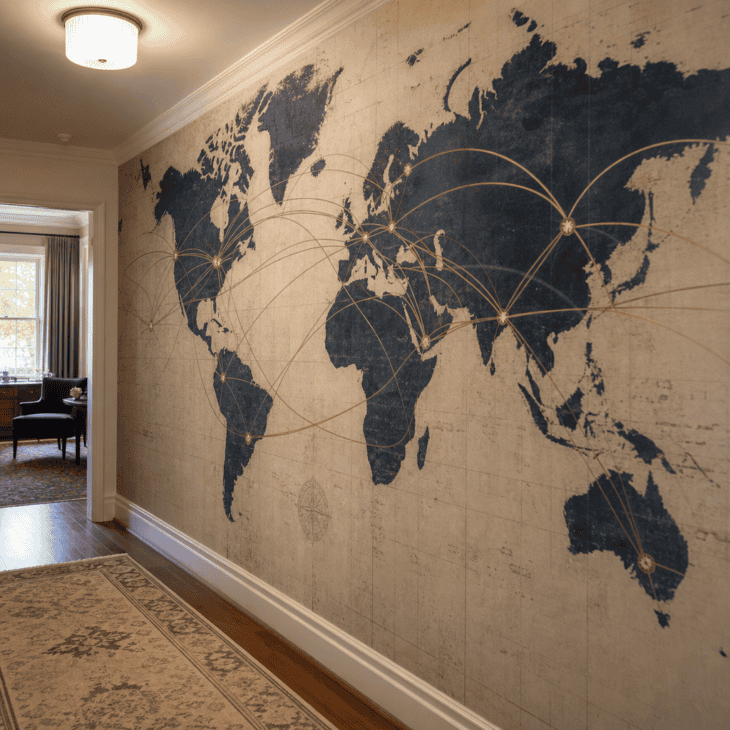 A route-map mural turns one hallway wall into a faded world of flight paths.