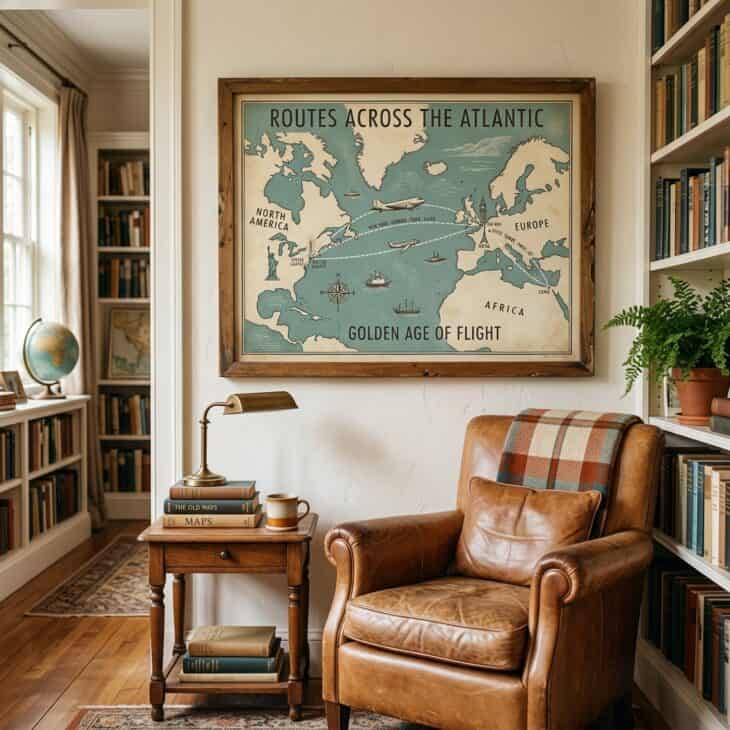 A route poster brings golden-age travel style into a study without any real airline branding.