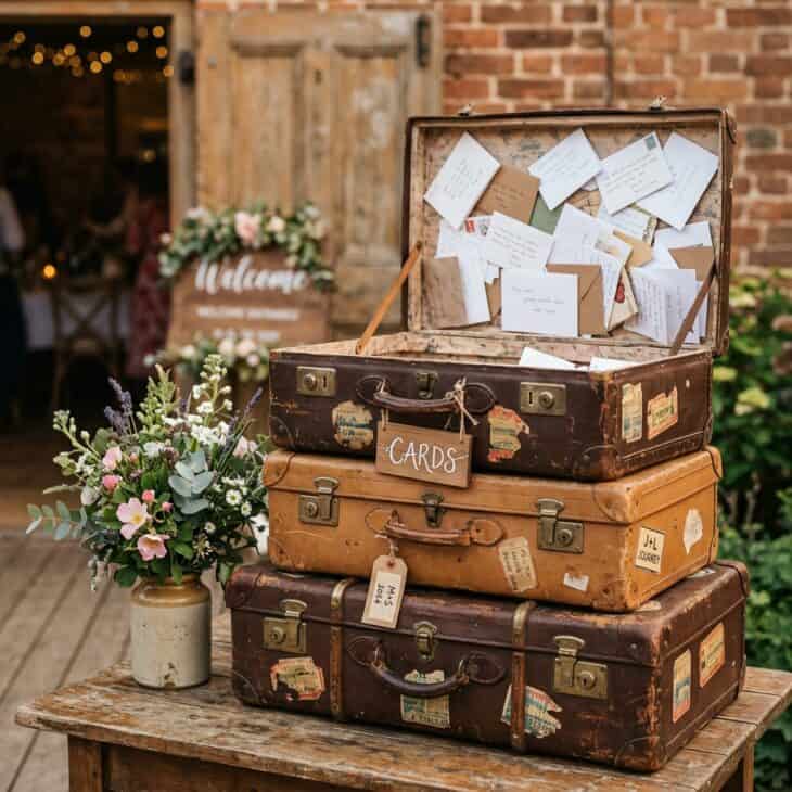 Stacked vintage suitcases double as the card and gift table.