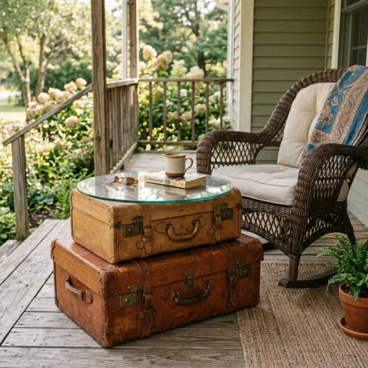 Stacked vintage suitcases form a glass-topped side table on the covered porch.