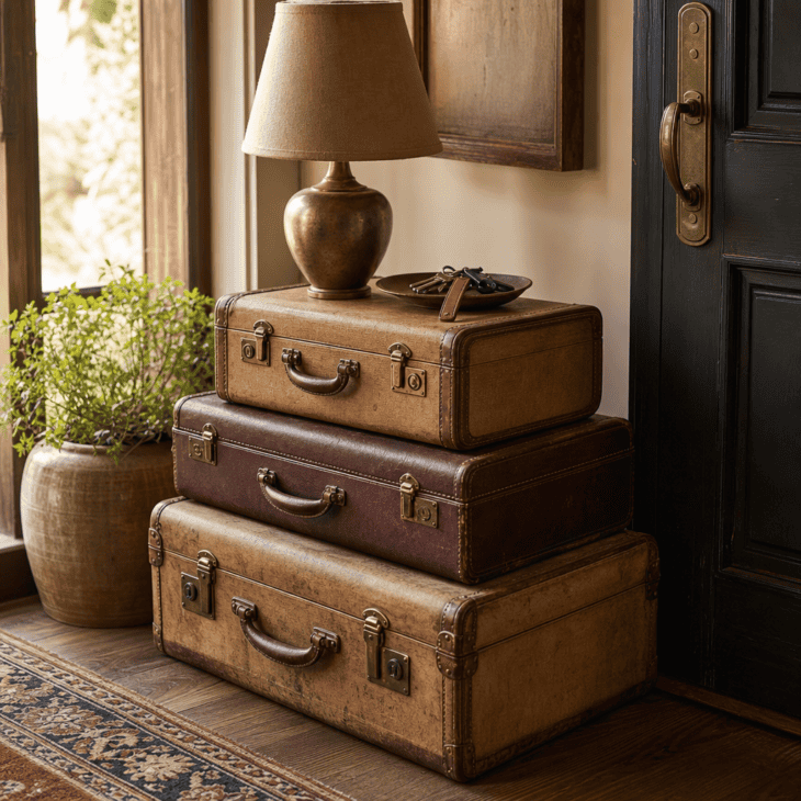 Three stacked vintage suitcases form a side table just inside the door.
