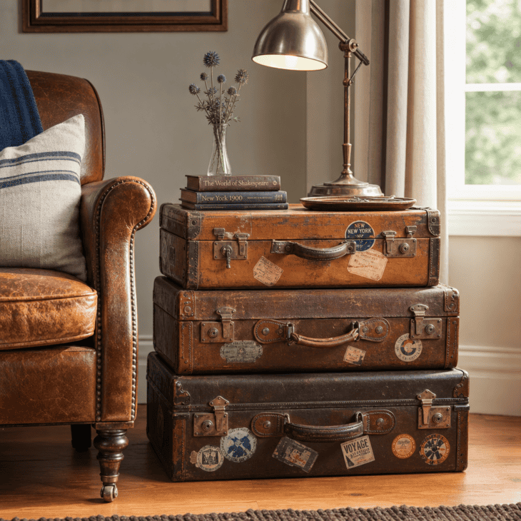 Three graduated vintage suitcases stack into a characterful side table.