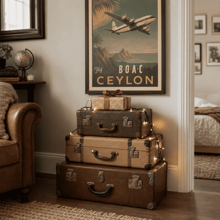 Stacked vintage-style suitcases and a framed travel poster fill an empty living room corner.