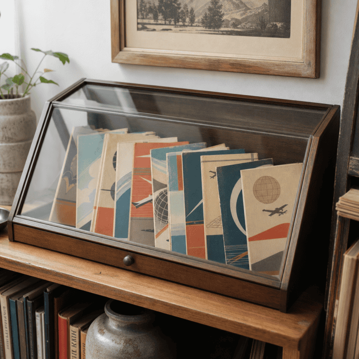 A slant-lid case fans out a set of vintage timetable booklets like a hand of cards.