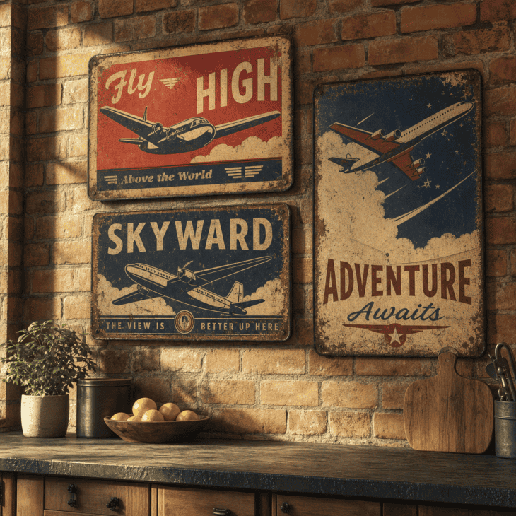 A cluster of vintage-style tin signs fills the wall above the counter.