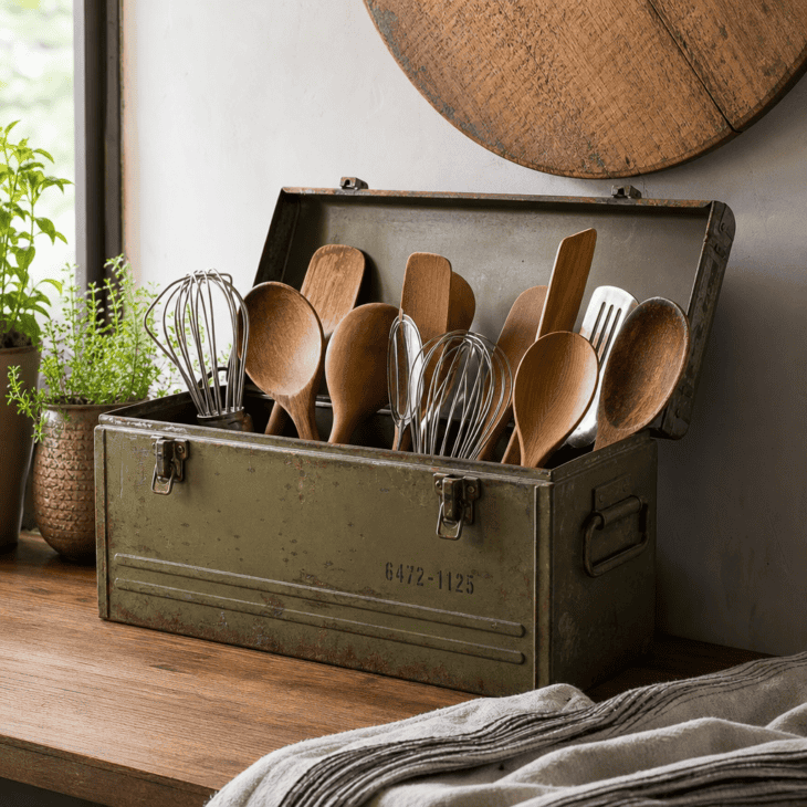 A repurposed metal toolbox holds the everyday utensils within reach.