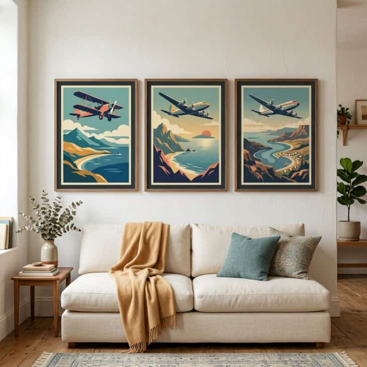 A coordinated poster trio brings golden-age color to a neutral living room.
