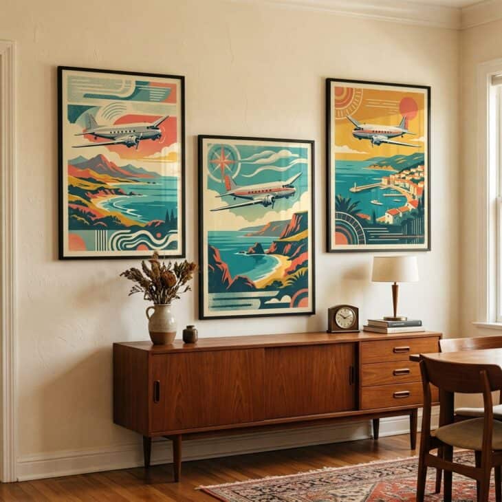 Three staggered travel posters bring golden-age color and optimism to a dining room.