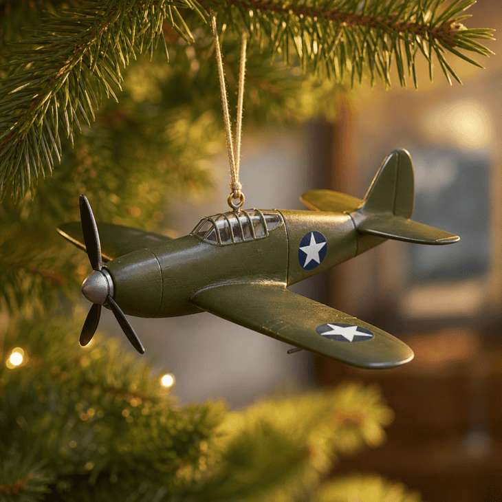 A generic olive-drab warbird ornament nods to the propeller fighter era.
