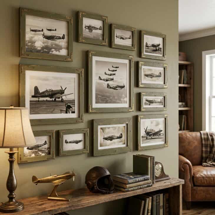 Weathered frames and khaki tones give a den wall of warbird prints a respectful heritage feel.
