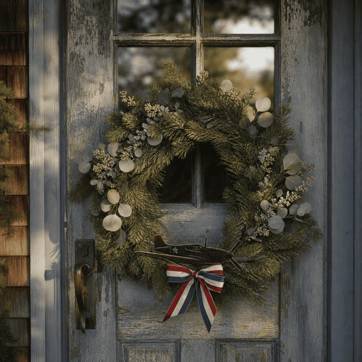 A small warbird silhouette and a red, white, and blue ribbon mark a wreath for veteran households.