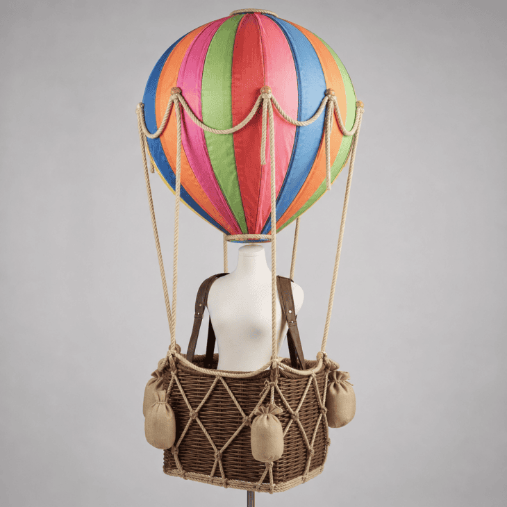 A wicker-style basket costume with a striped balloon canopy rising overhead.