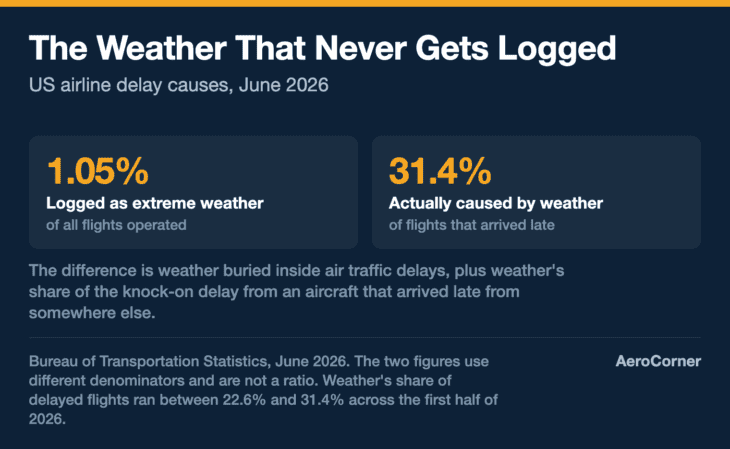 Airlines logged extreme weather against 1.05 percent of flights in June 2026, while weather accounted for 31.4 percent of the flights that arrived late.